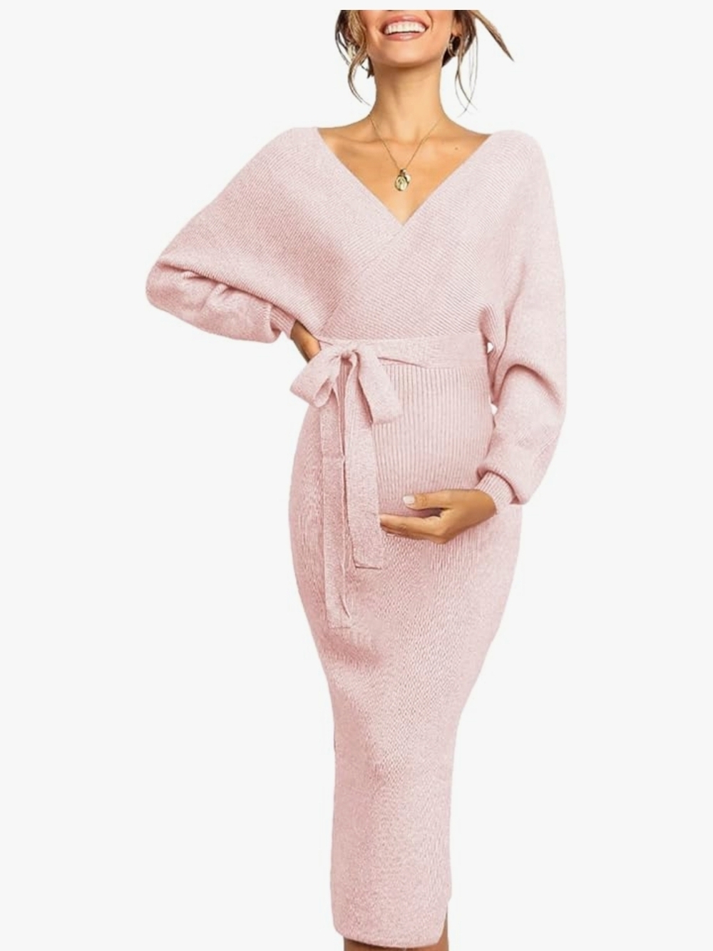 Soft Pink V-Neck Knit Maternity Dress with Tie Waist